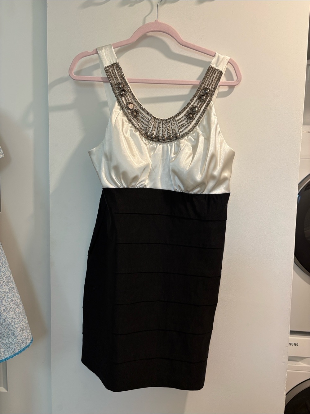 Trixxi Ivory Satin Top with Black Fitted Skirt and Beaded Neckline